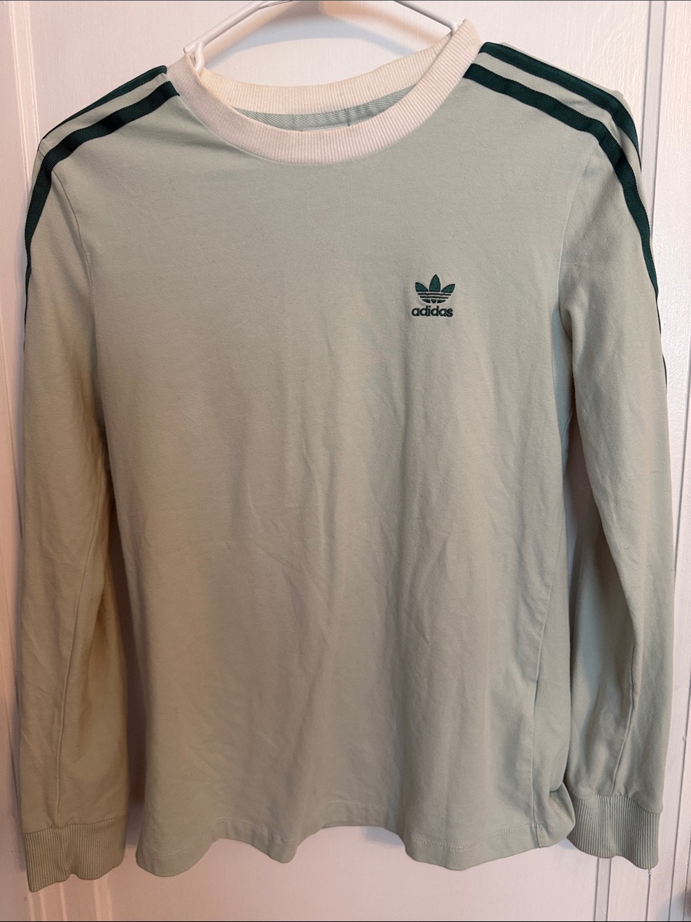 adidas Light Sage Long Sleeve Crew with Dark Green Stripes